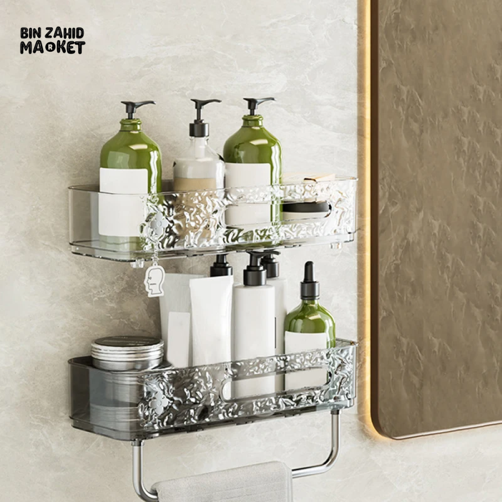 PUNCH-FREE WALL MOUNTED BATHROOM STORAGE RACK PACK OF 2 – TRANSPARENT TOILETRIES & MAKEUP ORGANIZER TRAY