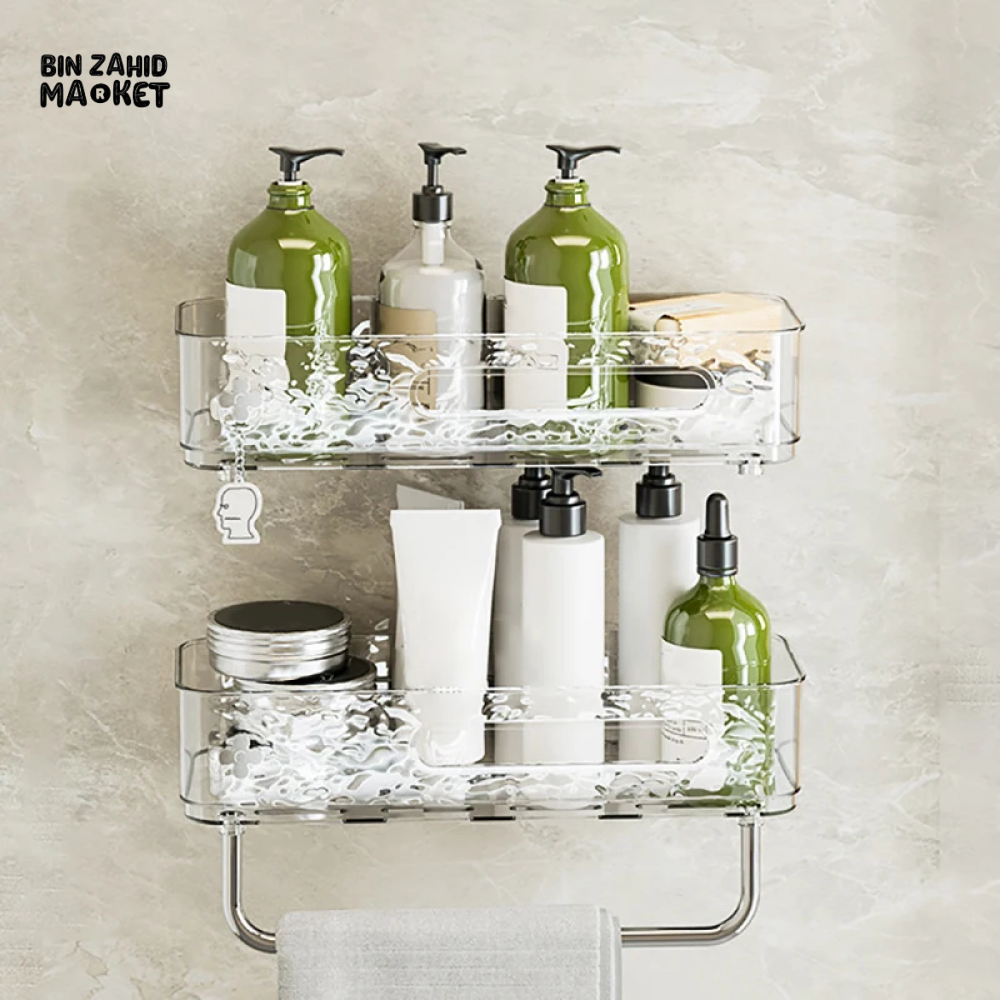 PUNCH-FREE WALL MOUNTED BATHROOM STORAGE RACK PACK OF 2 – TRANSPARENT TOILETRIES & MAKEUP ORGANIZER TRAY