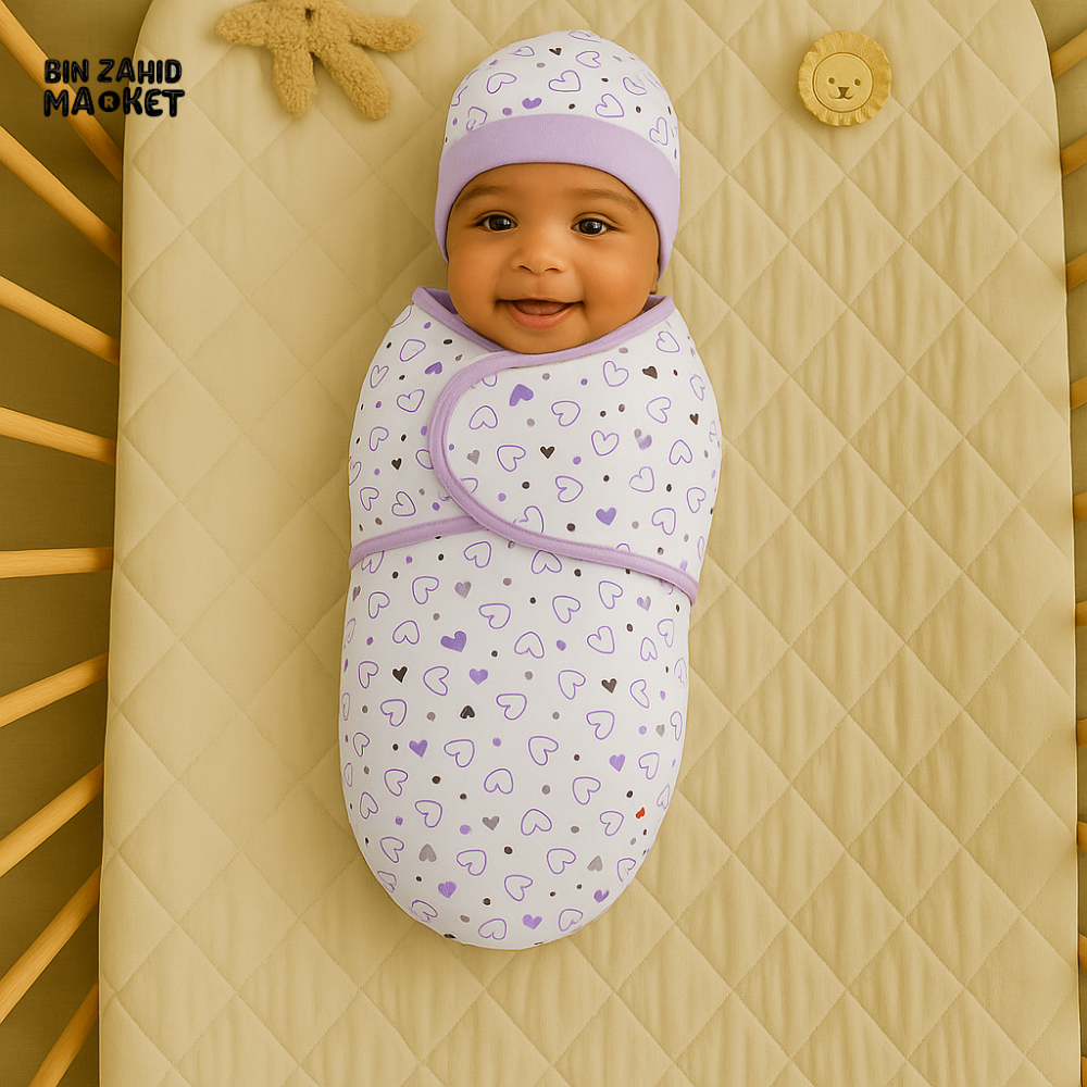 PURPLE HEART PRINT NEWBORN SWADDLE SET WITH CAP & MITTENS – SOFT COTTON BABY WRAP