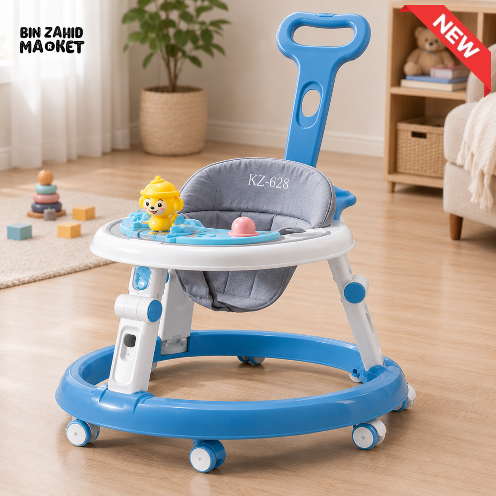 PUSH HANDLE BABY WALKER WITH ACTIVITY TRAY - BLUE