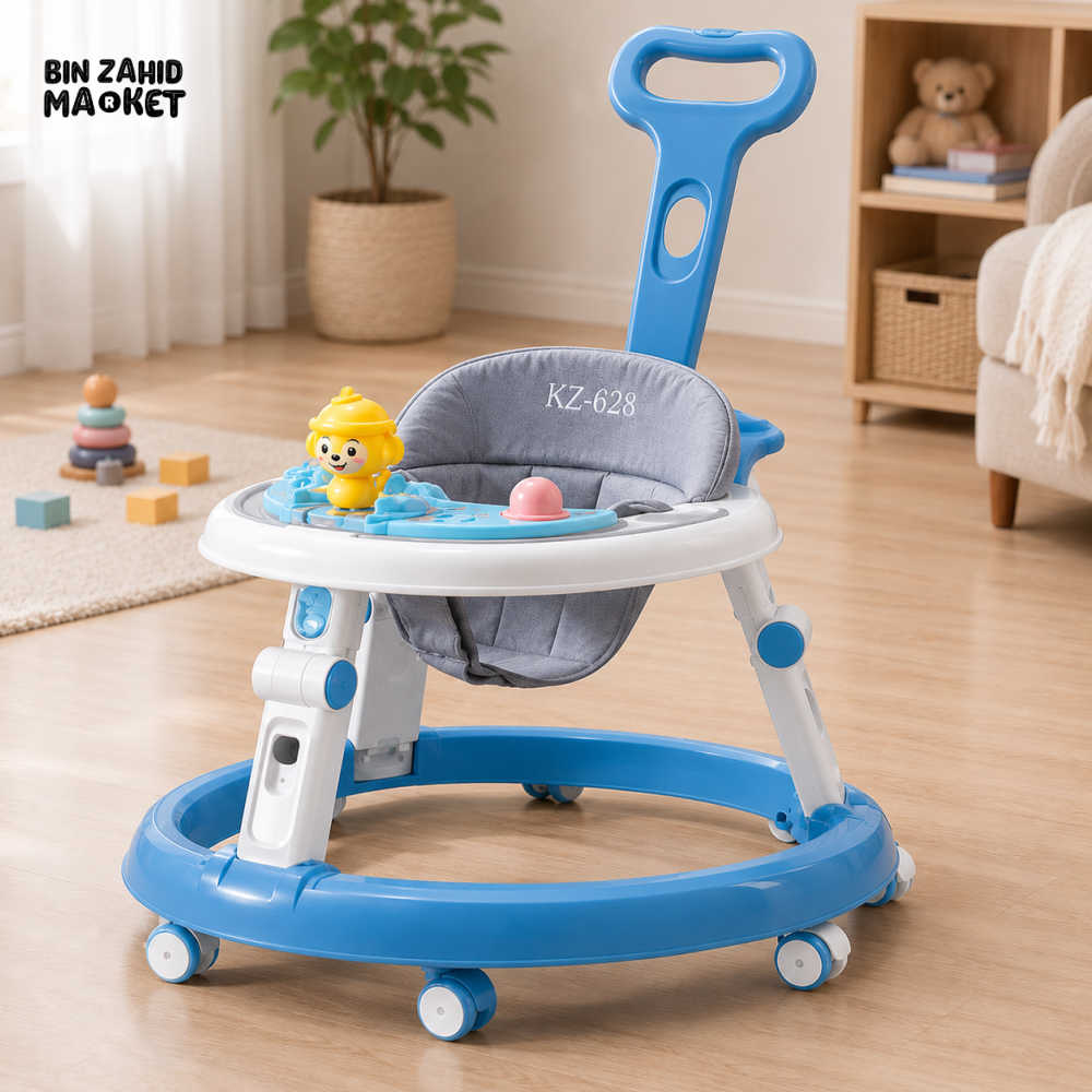 PUSH HANDLE BABY WALKER WITH ACTIVITY TRAY - BLUE