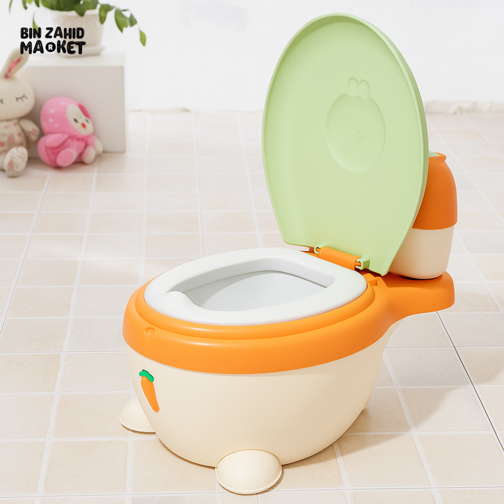 PVC PADDED BABY POTTY TRAINING TOILET TODDLER SEAT WITH LID AND COMFY BACKREST - BEIGE & ORANGE