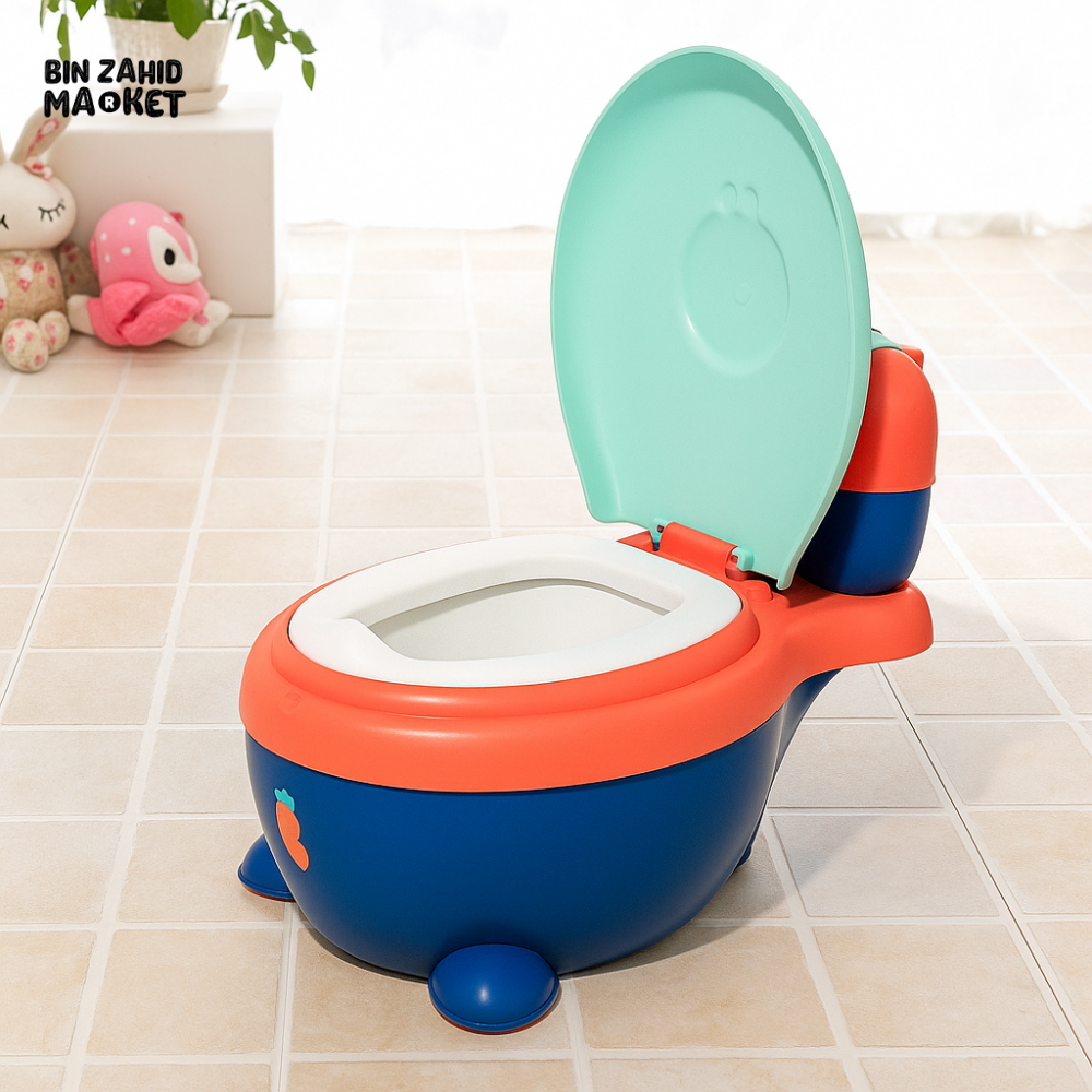 PVC PADDED BABY POTTY TRAINING TOILET TODDLER SEAT WITH LID AND COMFY BACKREST - BLUE & ORANGE