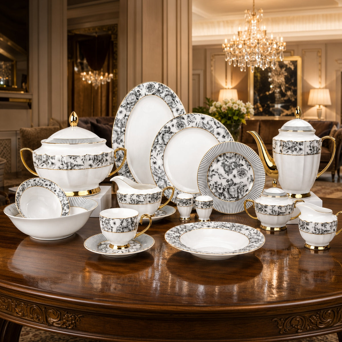 Johnson Bros Inspired Black Florral Patterns Bone China Dinner Set