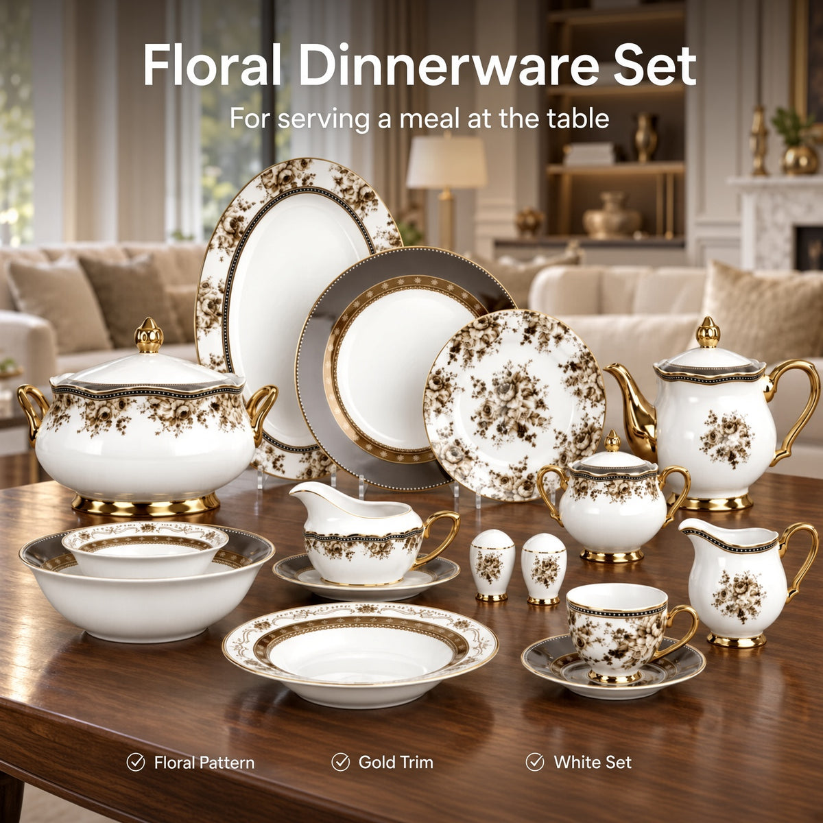 Johnson Bros Inspired Brown Floral & Gold Trims Bone China Dinner Set