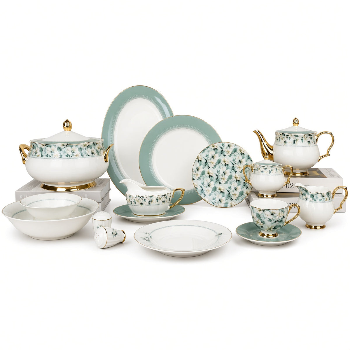 Johnson Bros Inspired Green Floral Patterns & Gold Trims Bone China Dinner Set