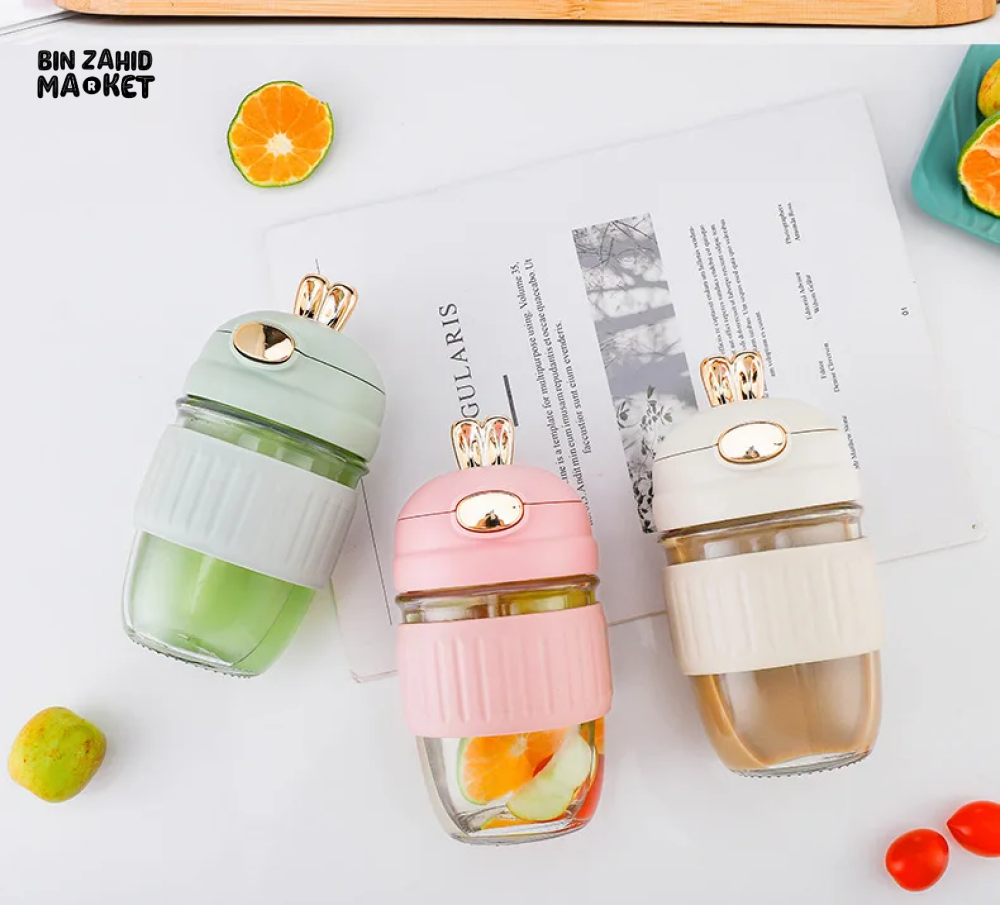 RABBIT DESIGN GLASS STRAW CUP CUTE PORTABLE COFFEE & BEVERAGE CUP GIFT-WORTHY WATER TUMBLER