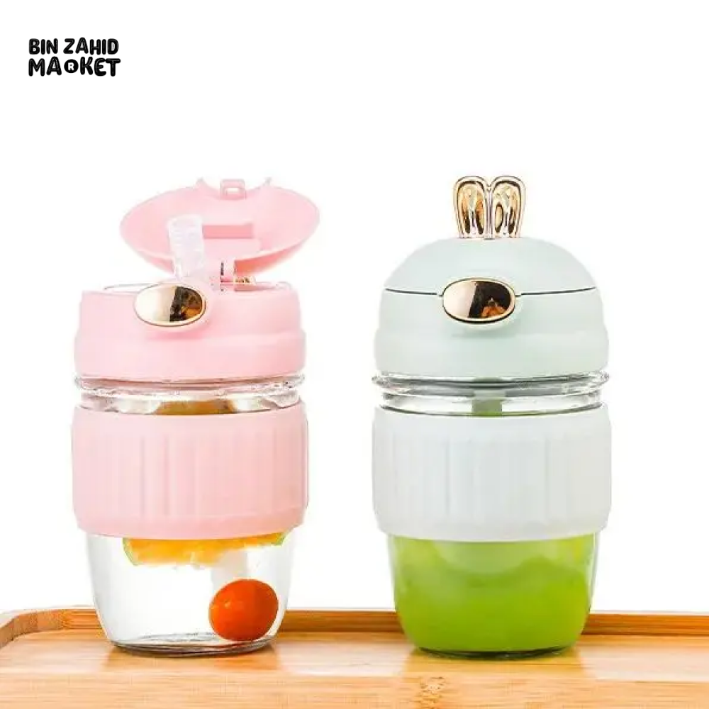 RABBIT DESIGN GLASS STRAW CUP CUTE PORTABLE COFFEE & BEVERAGE CUP GIFT-WORTHY WATER TUMBLER