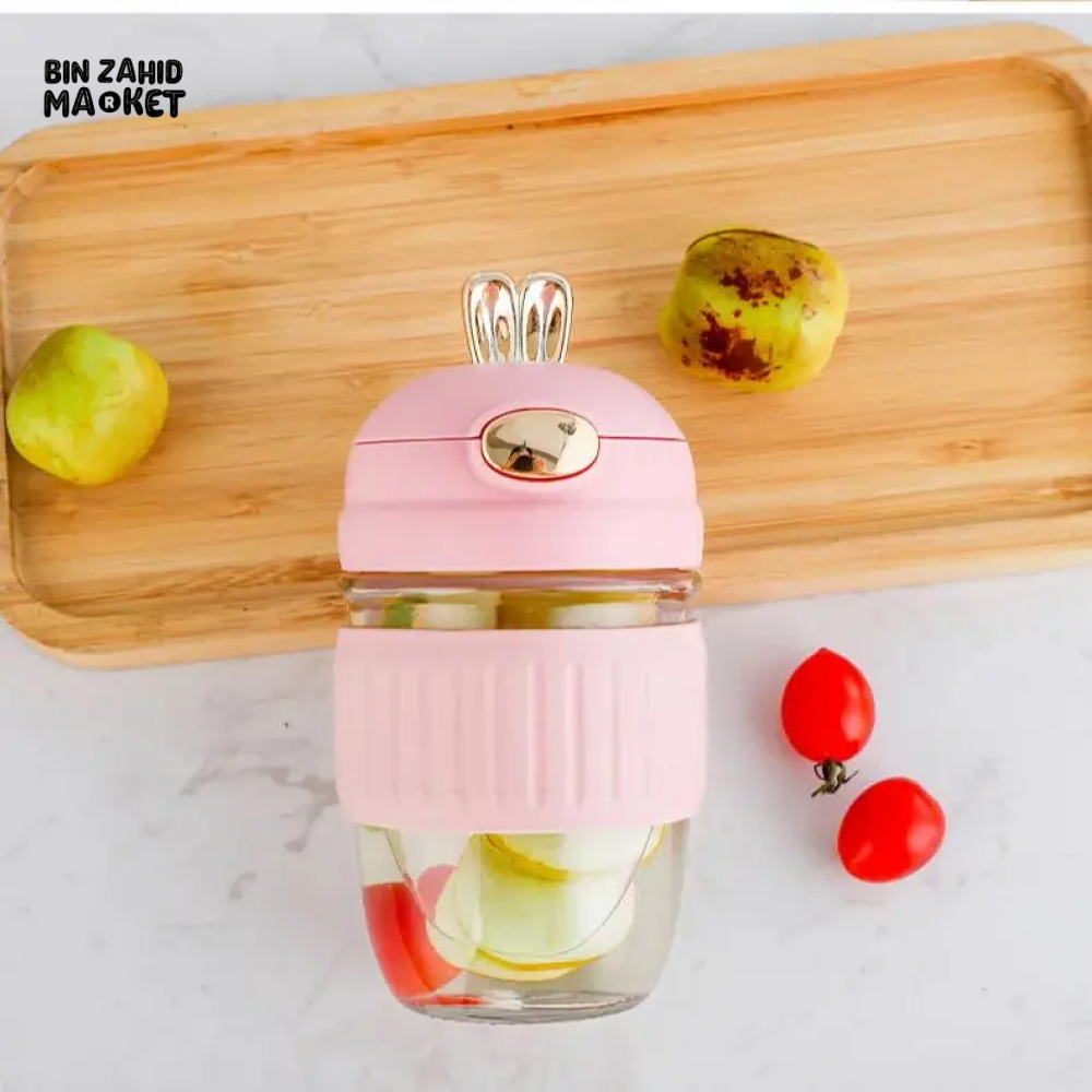 RABBIT DESIGN GLASS STRAW CUP CUTE PORTABLE COFFEE & BEVERAGE CUP GIFT-WORTHY WATER TUMBLER