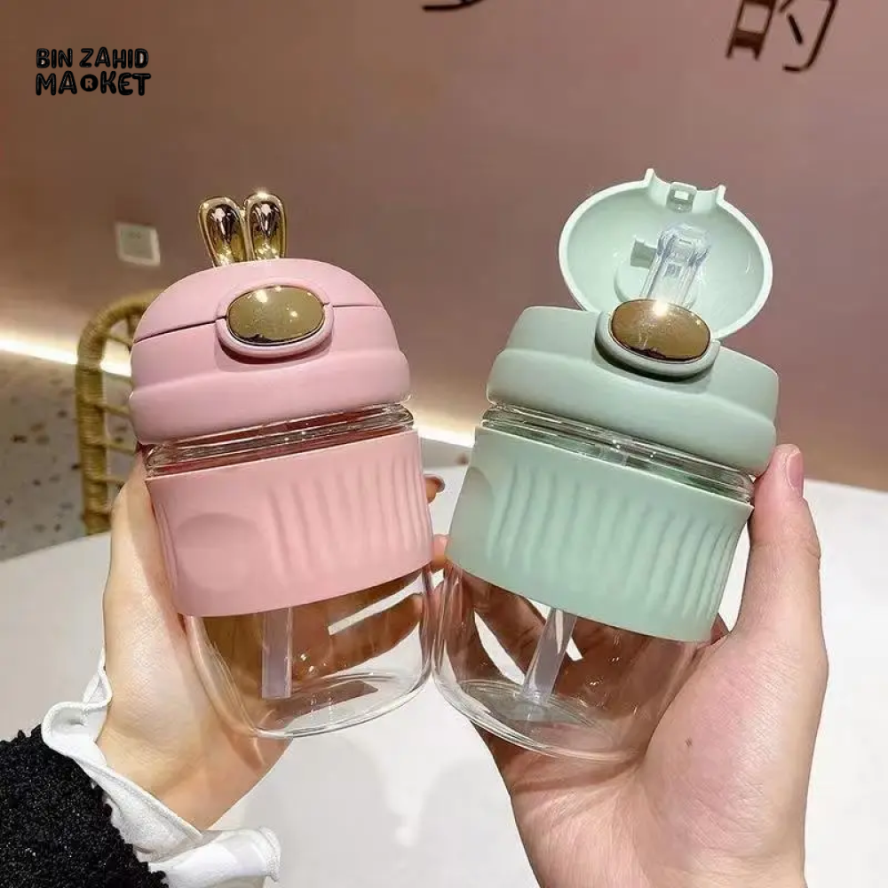 RABBIT DESIGN GLASS STRAW CUP CUTE PORTABLE COFFEE & BEVERAGE CUP GIFT-WORTHY WATER TUMBLER