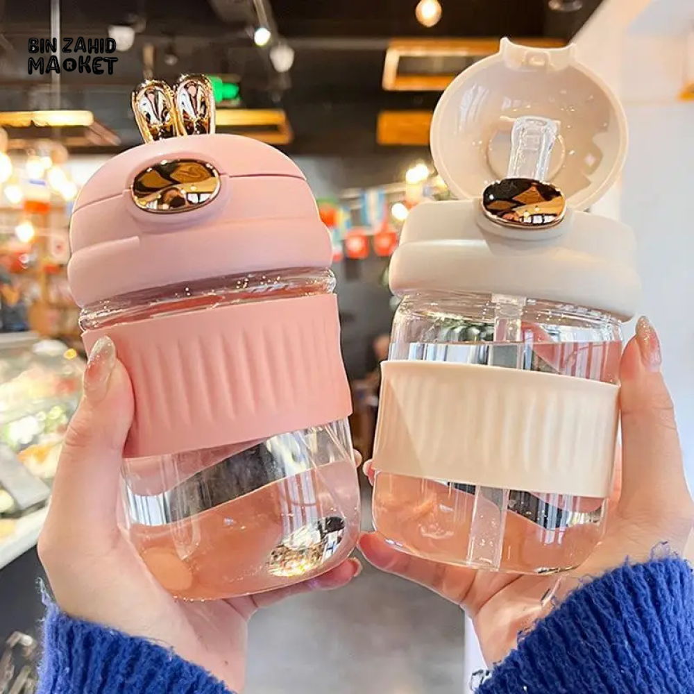 RABBIT DESIGN GLASS STRAW CUP CUTE PORTABLE COFFEE & BEVERAGE CUP GIFT-WORTHY WATER TUMBLER