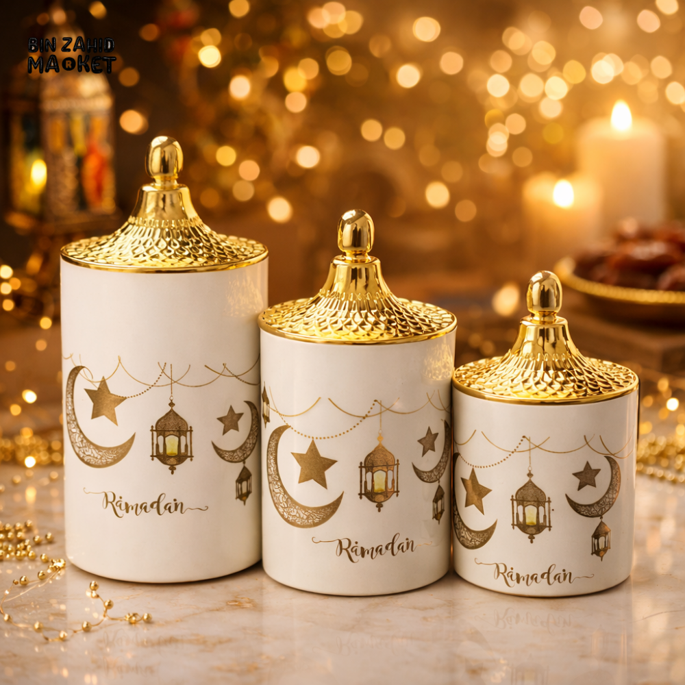RAMADAN SPECIAL CERAMIC CANISTER 3 PIECES SET WITH GOLDEN LIDS – ELEGANT ISLAMIC HOME DECOR