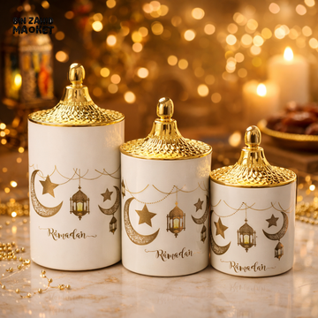 RAMADAN SPECIAL CERAMIC CANISTER 3 PIECES SET WITH GOLDEN LIDS – ELEGANT ISLAMIC HOME DECOR
