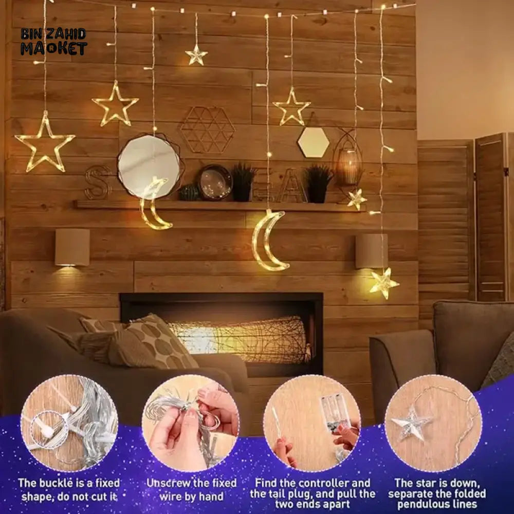 DECORA STAR & CRESCENT CURTAIN LED LIGHTS – WARM GLOW FESTIVE HOME DECOR