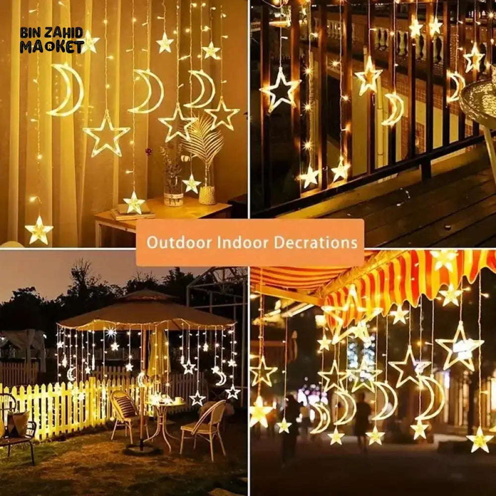 DECORA STAR & CRESCENT CURTAIN LED LIGHTS – WARM GLOW FESTIVE HOME DECOR