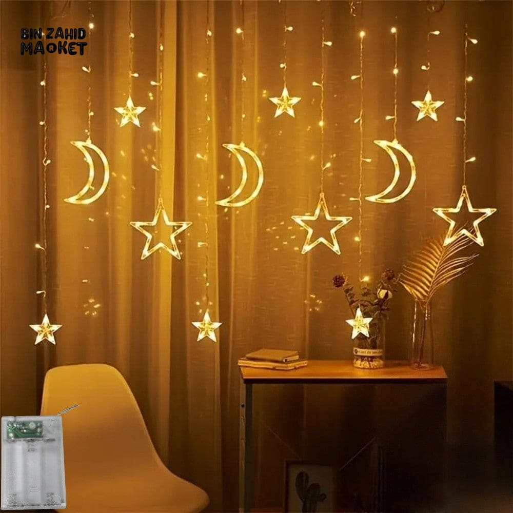 DECORA STAR & CRESCENT CURTAIN LED LIGHTS – WARM GLOW FESTIVE HOME DECOR