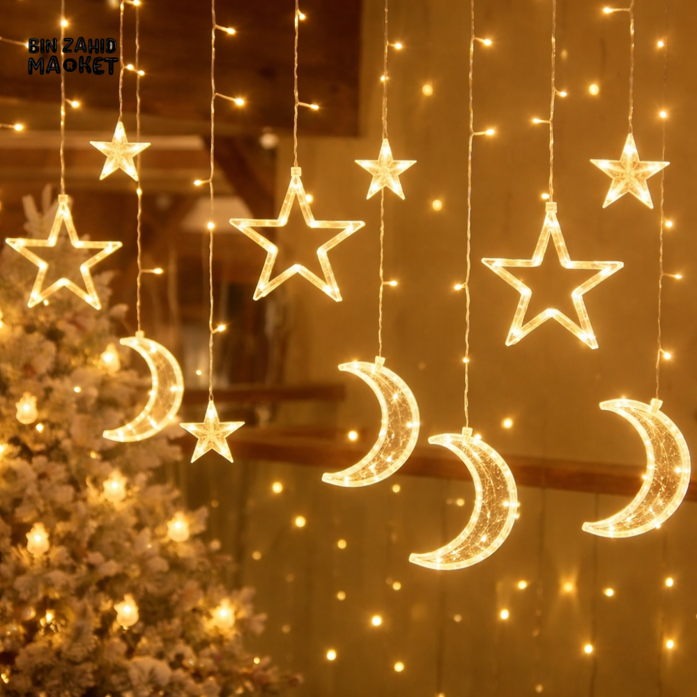 DECORA STAR & CRESCENT CURTAIN LED LIGHTS – WARM GLOW FESTIVE HOME DECOR
