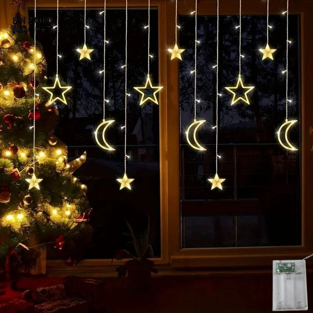 DECORA STAR & CRESCENT CURTAIN LED LIGHTS – WARM GLOW FESTIVE HOME DECOR