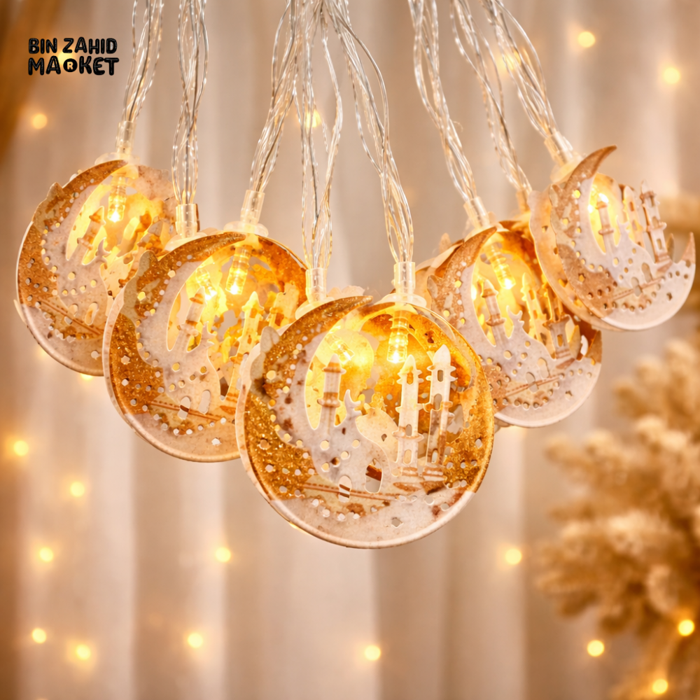 RAMADAN MOON & MOSQUE LED STRING LIGHTS – WARM GOLDEN HOME DECOR FAIRY LIGHTS