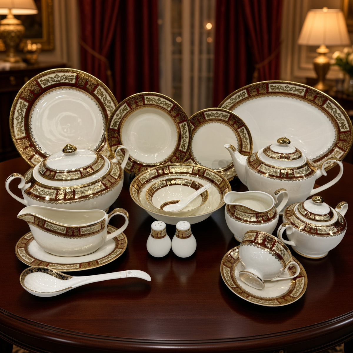 Yamasen Japan Inspired Borders Red Gold Plated Porcelain Dinner Set