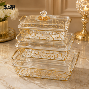 RECTANGULAR GLASS SERVING DISH SET WITH GOLD HOLDERS - LARGE
