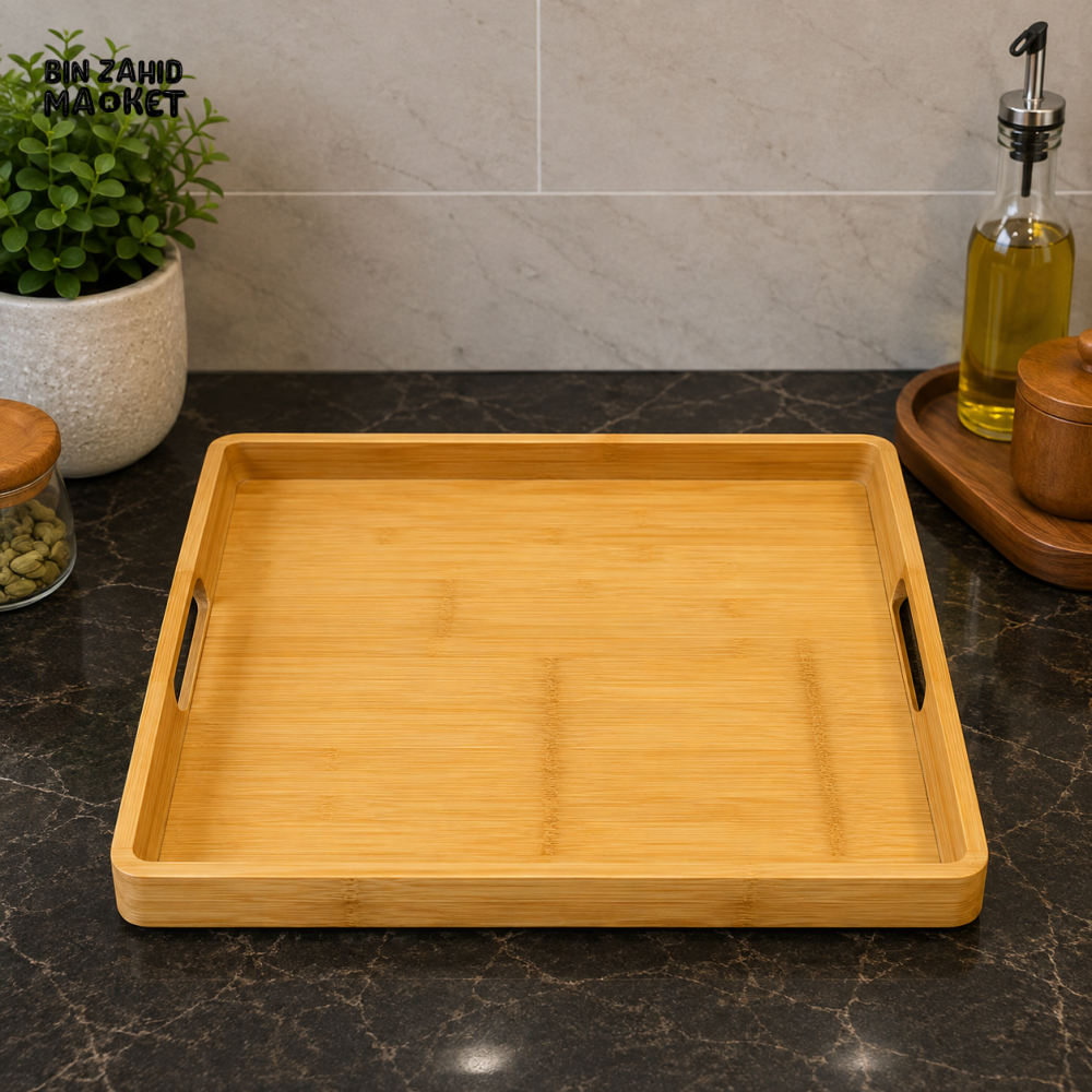 RECTANGULAR BAMBOO SERVING TRAY WITH HANDLES - Trays