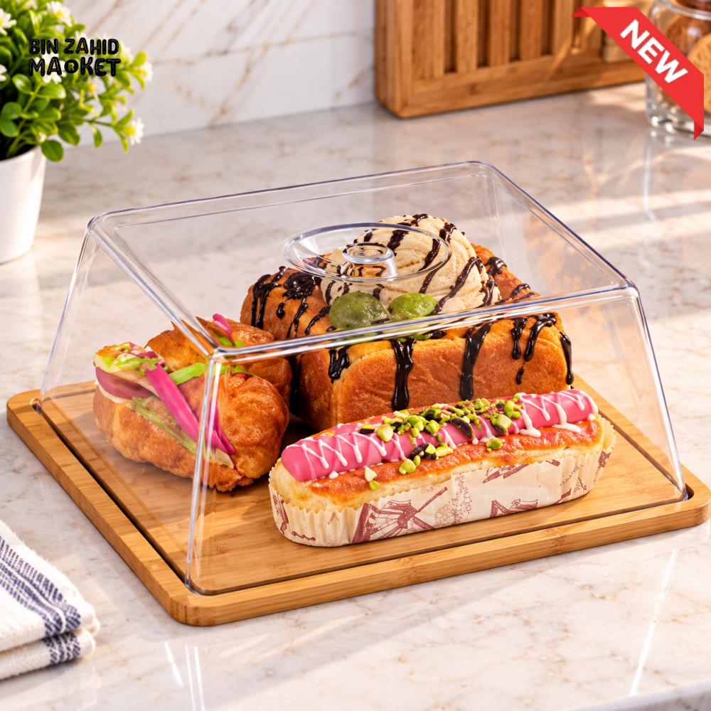 RECTANGULAR BAMBOO SERVING TRAY WITH TRANSPARENT FOOD COVER - Cake Stands