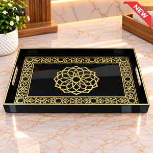 RECTANGULAR BLACK & GOLD ORNAMENTAL DESIGN SERVING TRAY - Serving Trays
