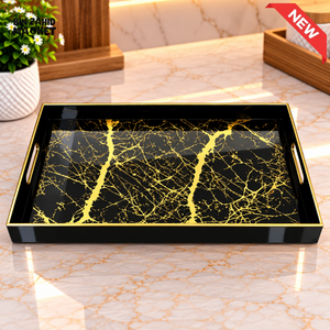 RECTANGULAR BLACK MARBLE DESIGN SERVING TRAY WITH GOLD DETAILING - SMALL - Serving Trays