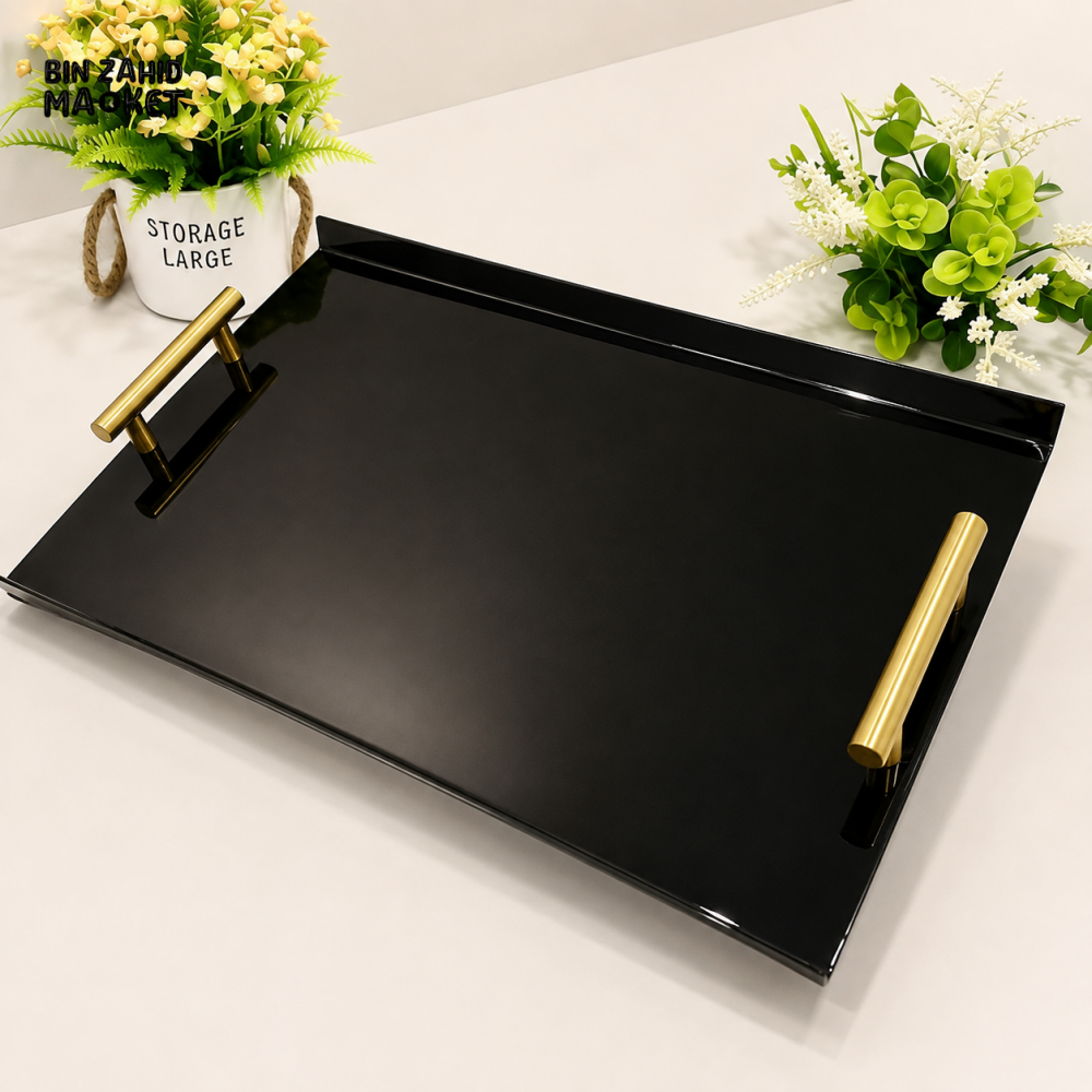 RECTANGULAR BLACK SERVING TRAY WITH GOLD HANDLES