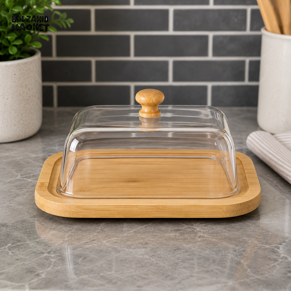 RECTANGULAR BUTTER DISH WITH BAMBOO TRAY & CLEAR LID - Dishes