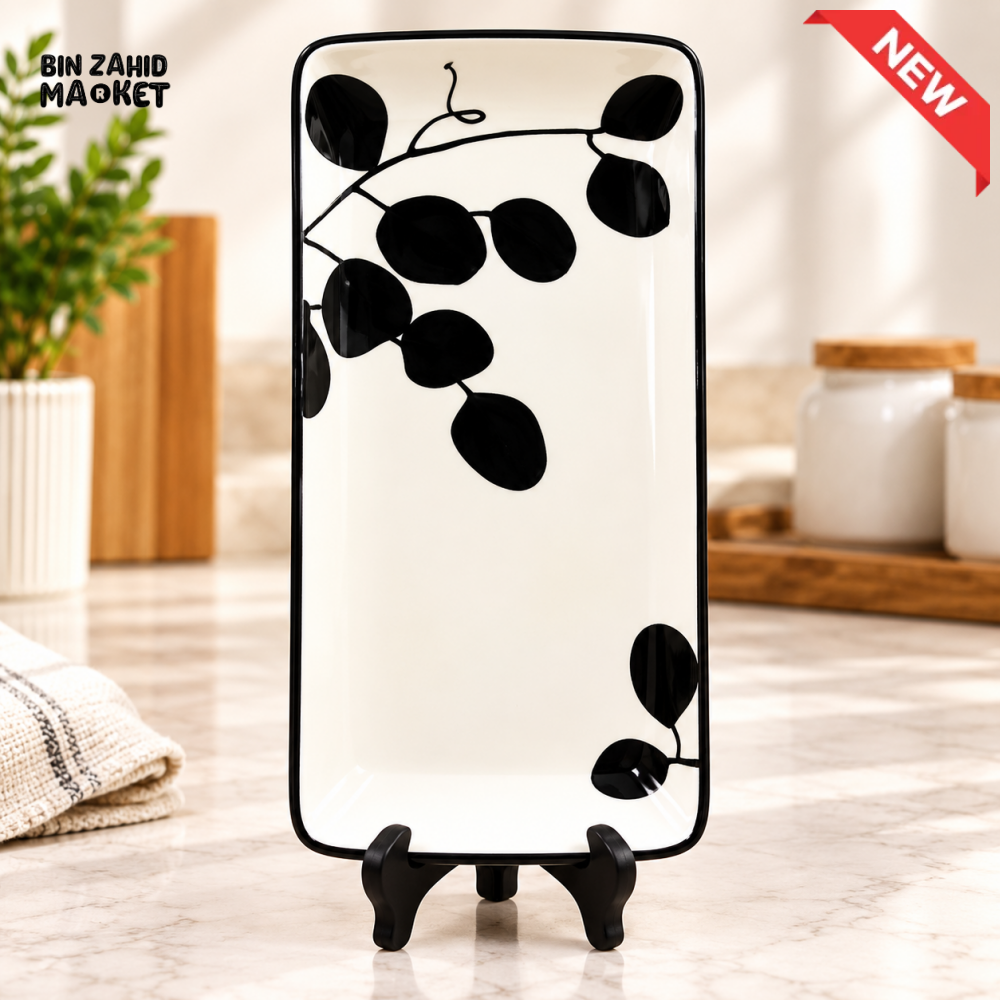 RECTANGULAR CERAMIC SERVING PLATTER WITH BLACK LEAF DESIGN - Platters