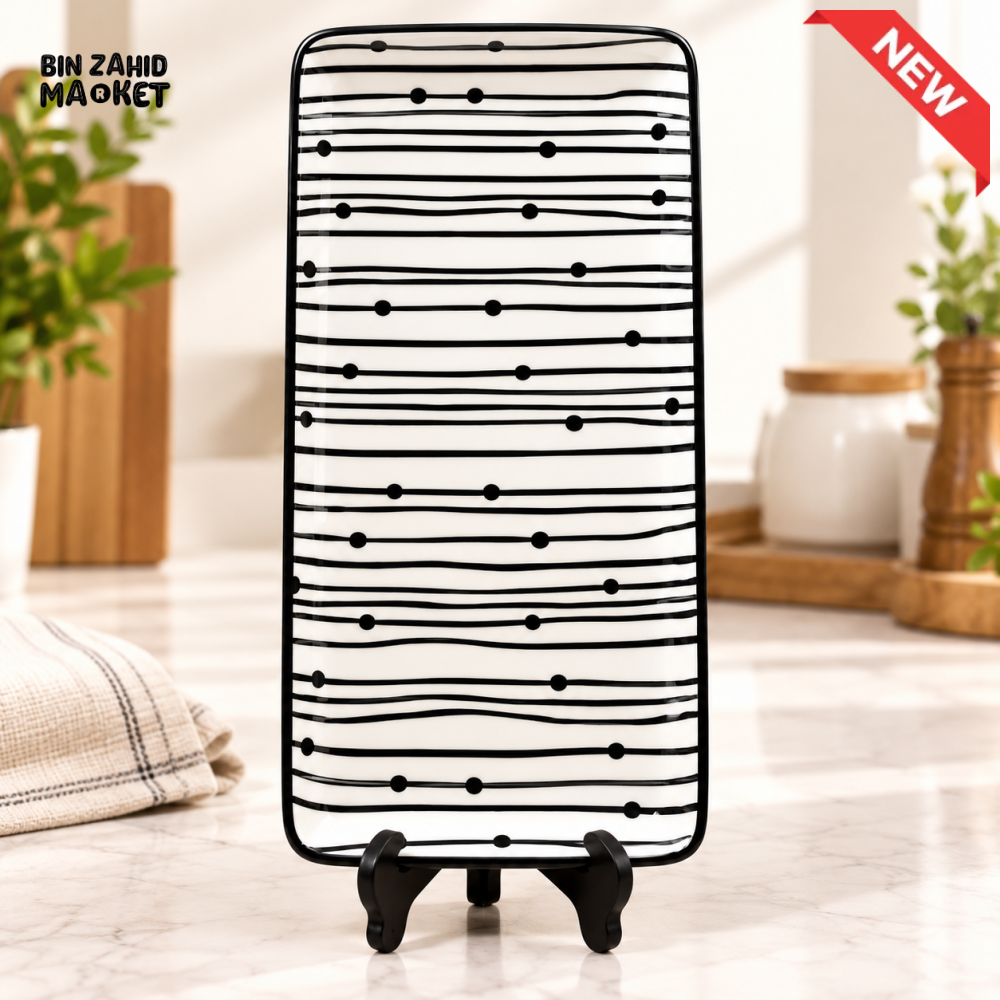 RECTANGULAR CERAMIC SERVING PLATTER WITH BLACK STRIPE AND DOT DESIGN - Platters