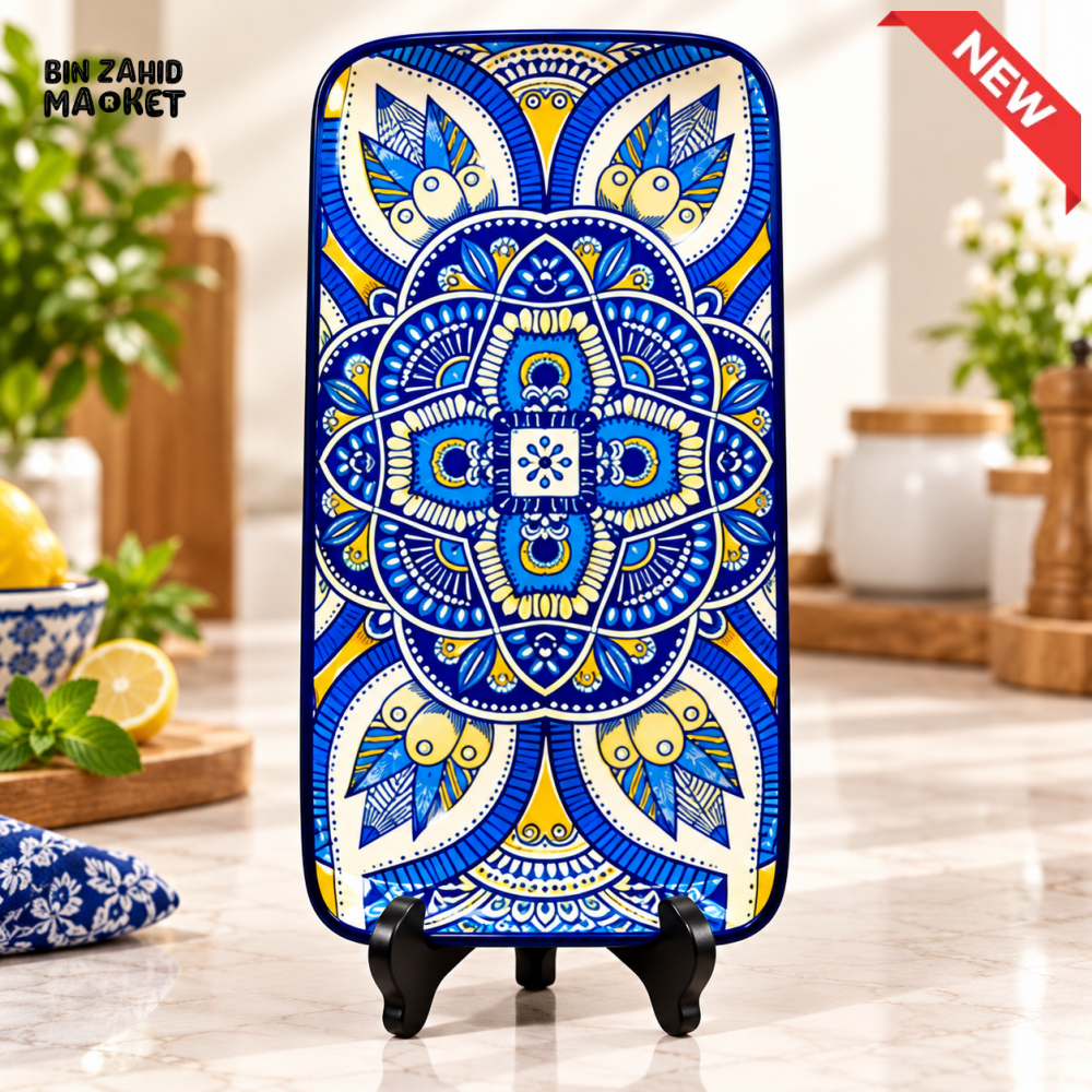 RECTANGULAR CERAMIC SERVING PLATTER WITH BLUE AND GOLD MANDALA DESIGN - Platters