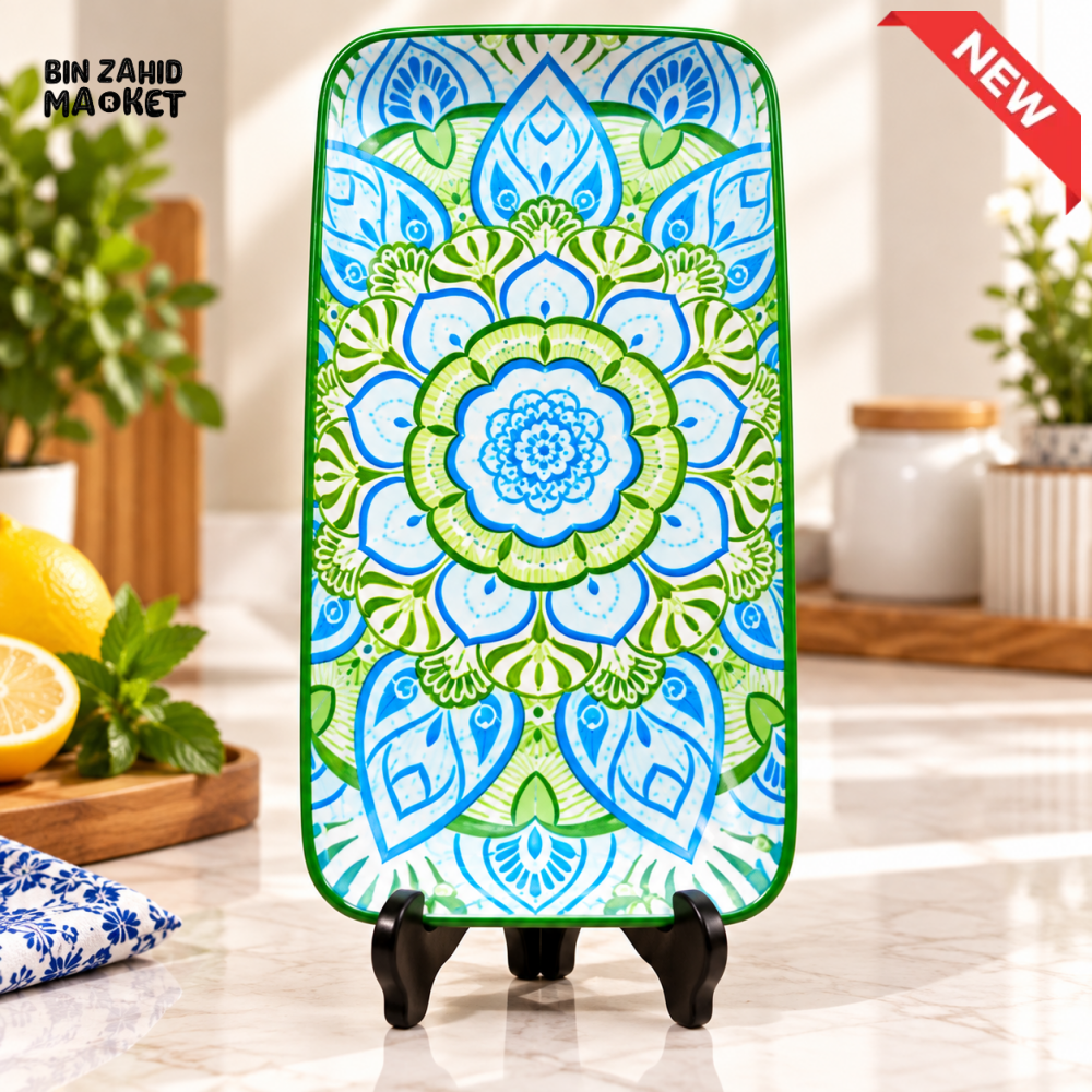 RECTANGULAR CERAMIC SERVING PLATTER WITH BLUE AND GREEN MANDALA DESIGN - Platters