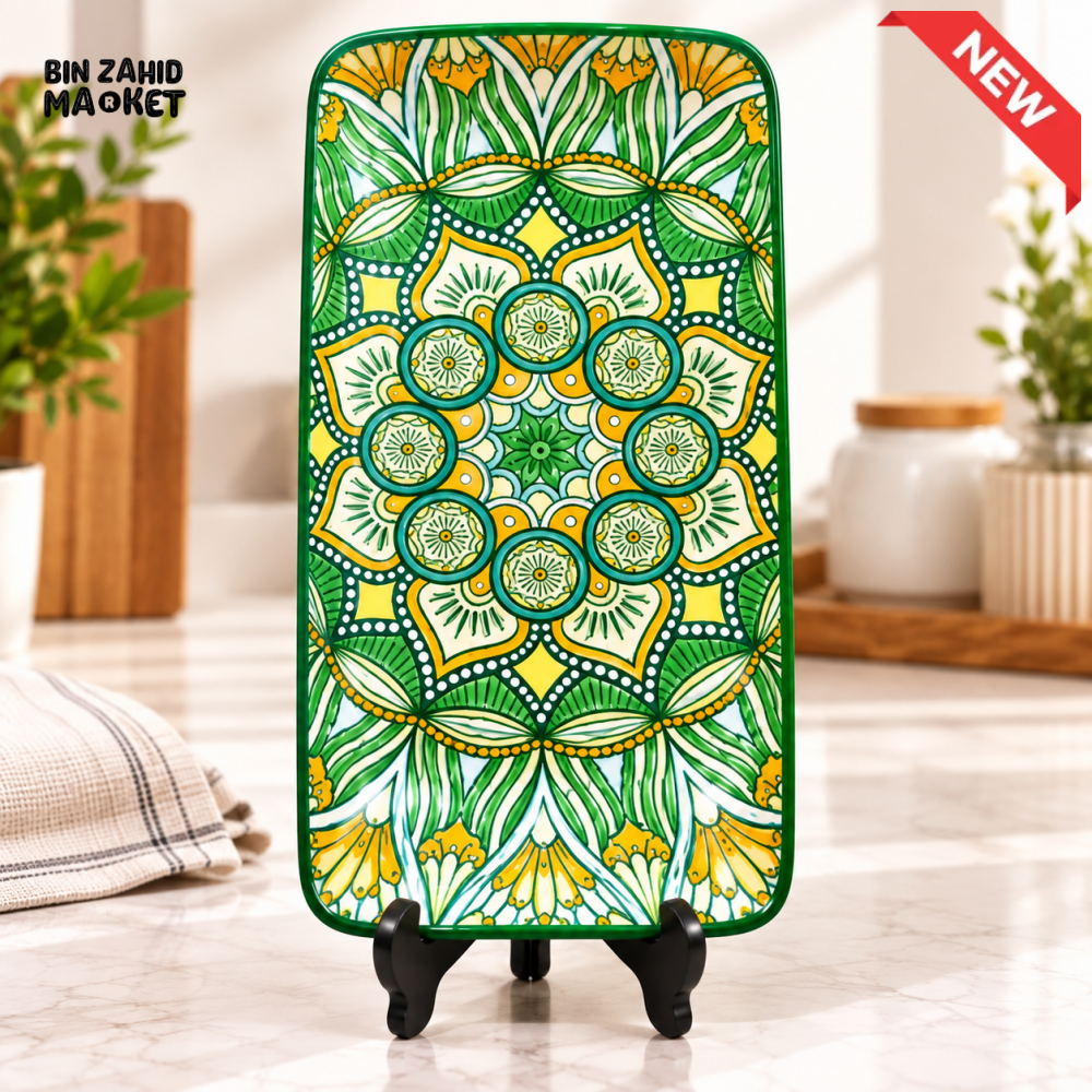 RECTANGULAR CERAMIC SERVING PLATTER WITH GREEN MANDALA FLORAL DESIGN - Platters