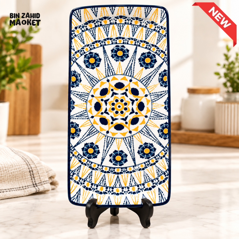 RECTANGULAR CERAMIC SERVING PLATTER WITH MANDALA DESIGN - Platters
