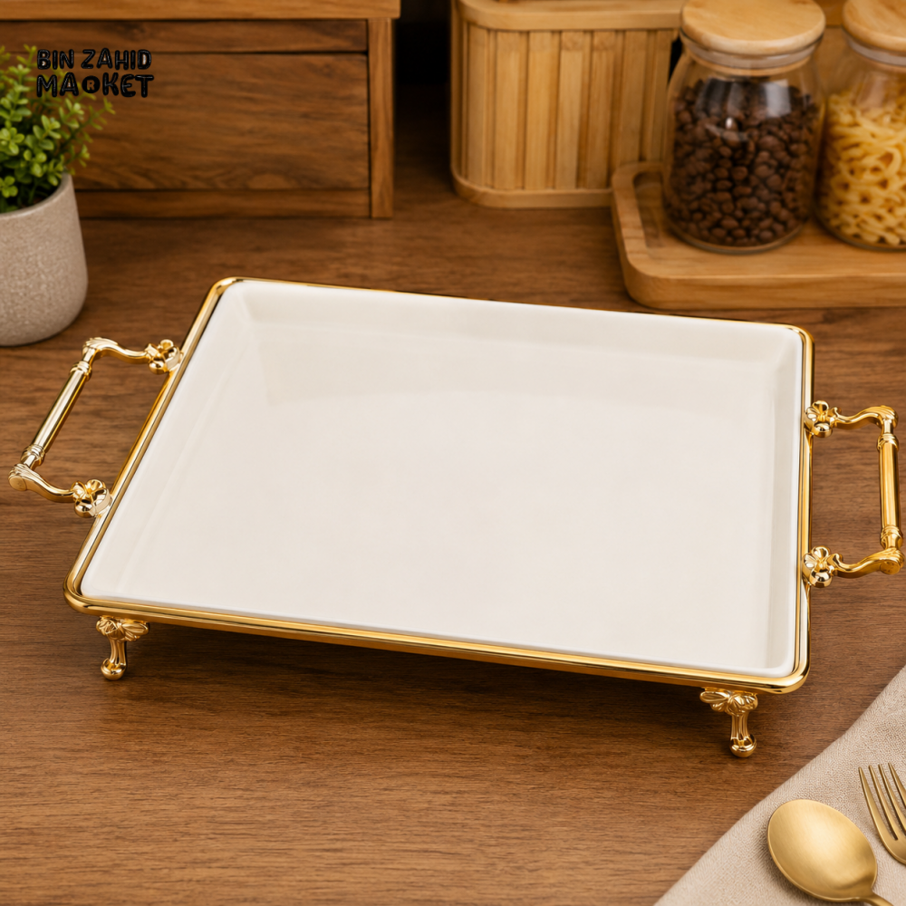 RECTANGULAR CERAMIC SERVING TRAY WITH GOLD HANDLES - Trays