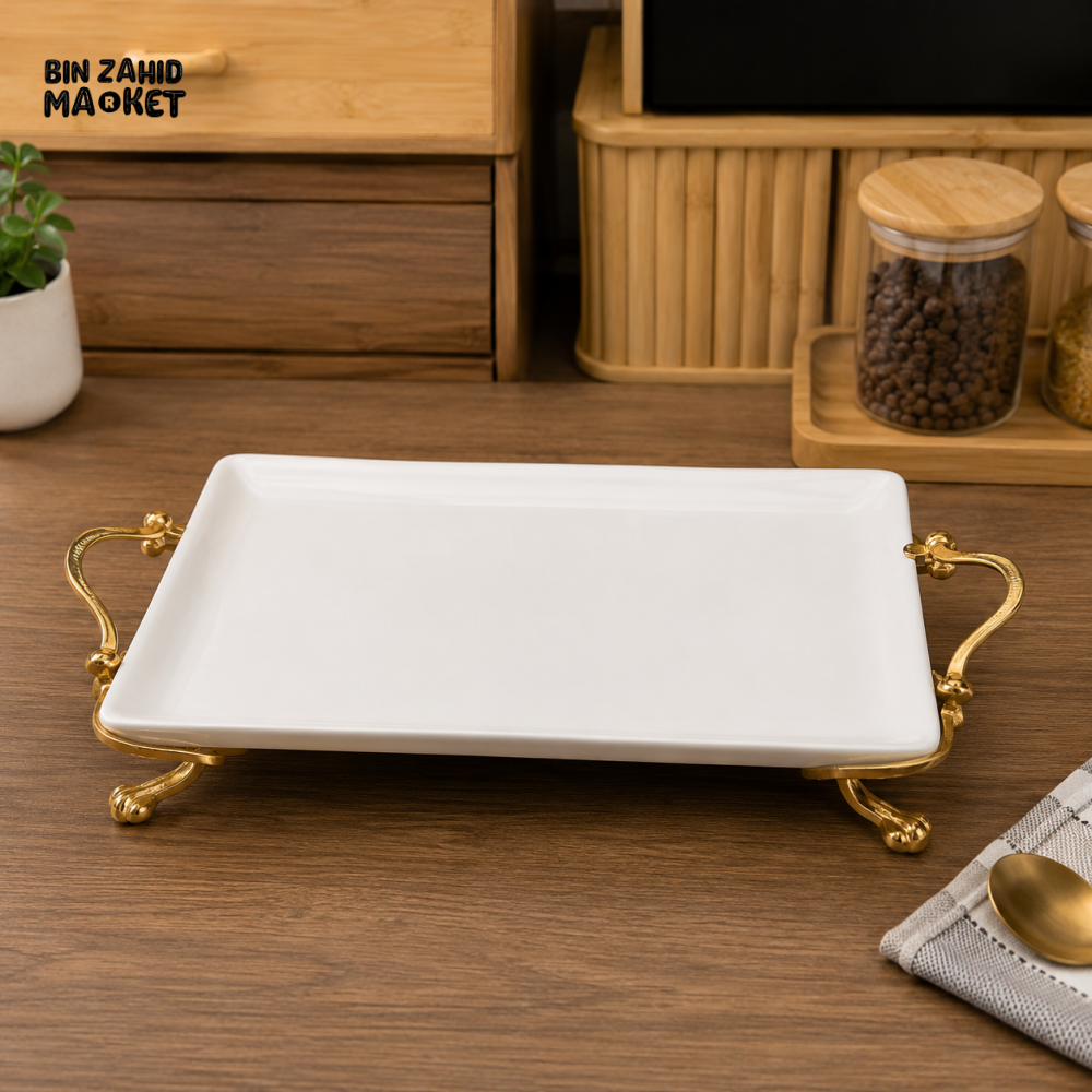 RECTANGULAR CERAMIC SERVING TRAY WITH GOLD HANDLES - Trays