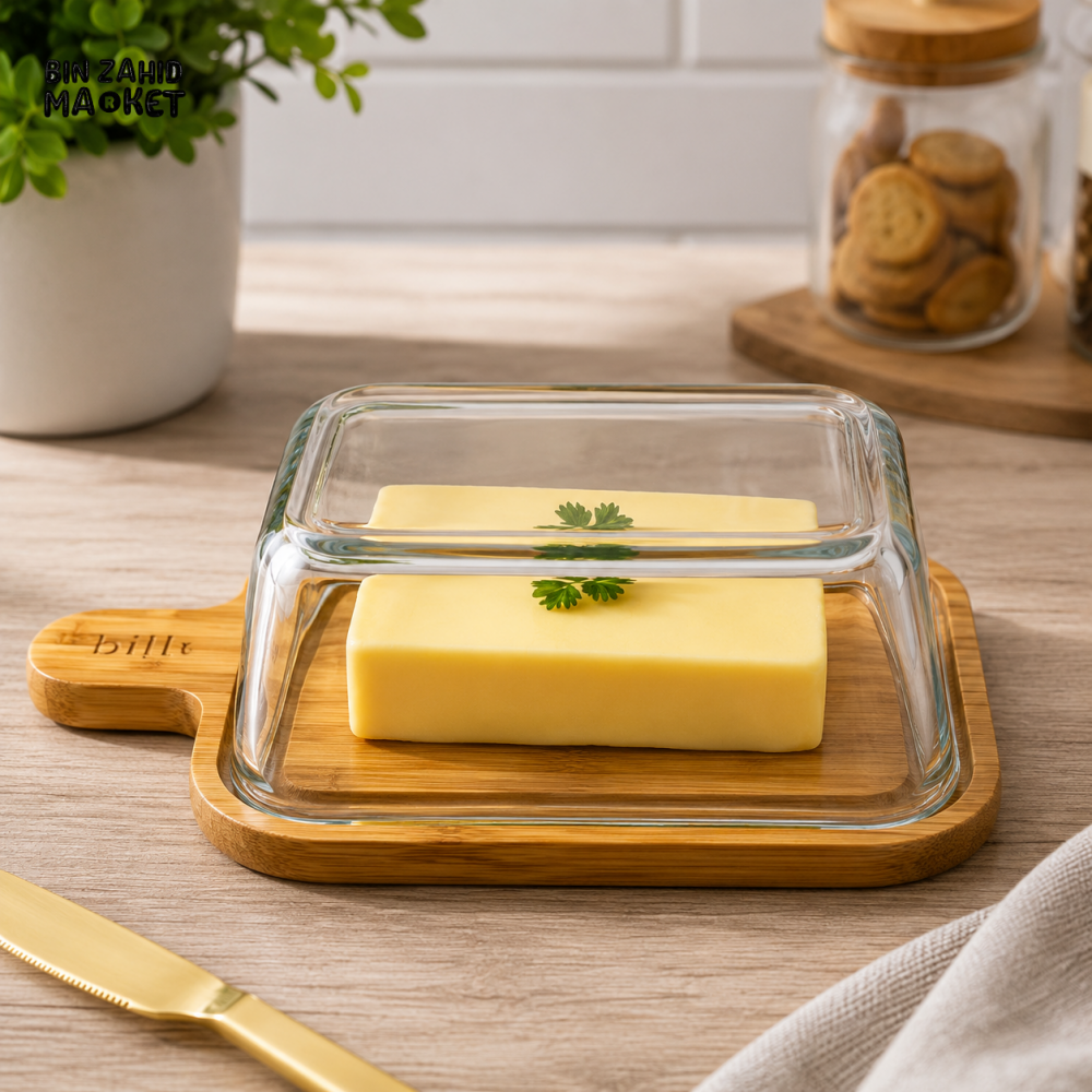 RECTANGULAR GLASS BUTTER DISH WITH BAMBOO TRAY - LARGE