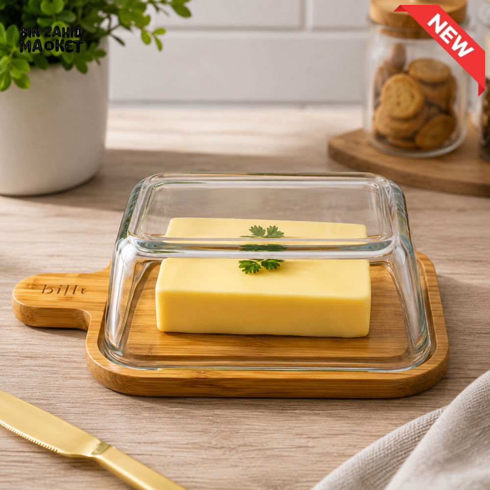 RECTANGULAR GLASS BUTTER DISH WITH BAMBOO TRAY - MEDIUM