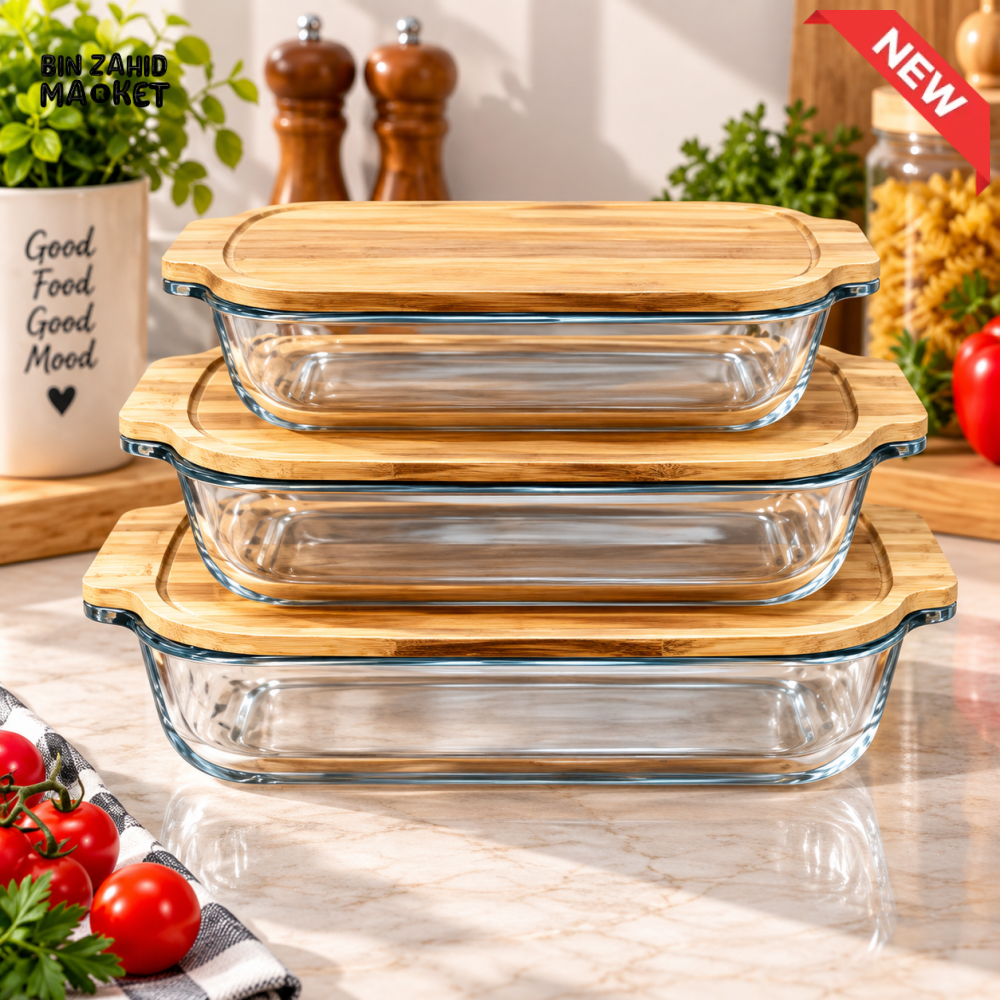 RECTANGULAR GLASS FOOD STORAGE CONTAINER SET WITH BAMBOO LIDS - SMALL