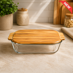 RECTANGULAR GLASS FOOD STORAGE CONTAINER WITH BAMBOO LID - MEDIUM