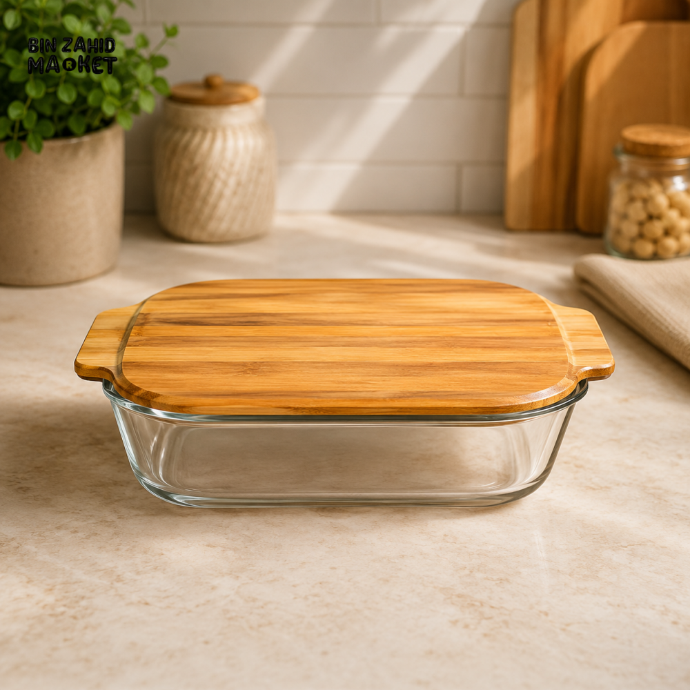 RECTANGULAR GLASS FOOD STORAGE CONTAINER WITH BAMBOO LID - MEDIUM