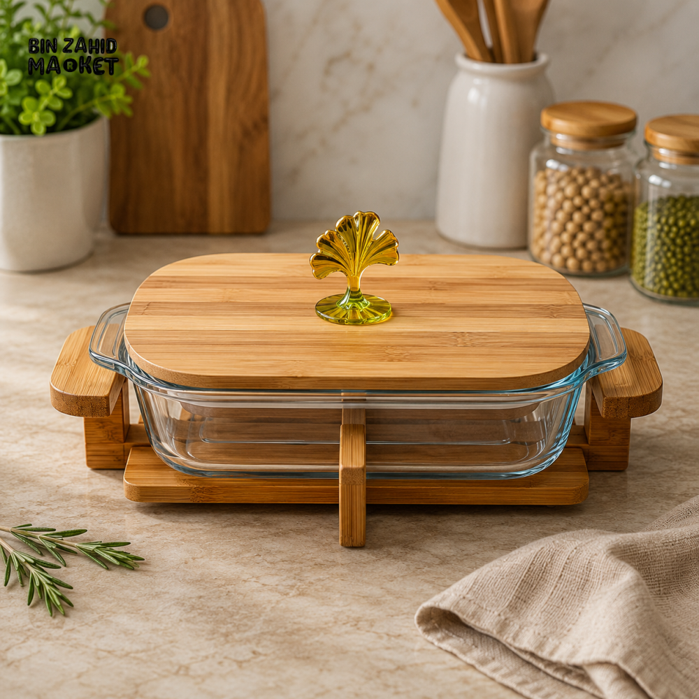 RECTANGULAR GLASS SERVING DISH WITH BAMBOO LID & STAND - LARGE