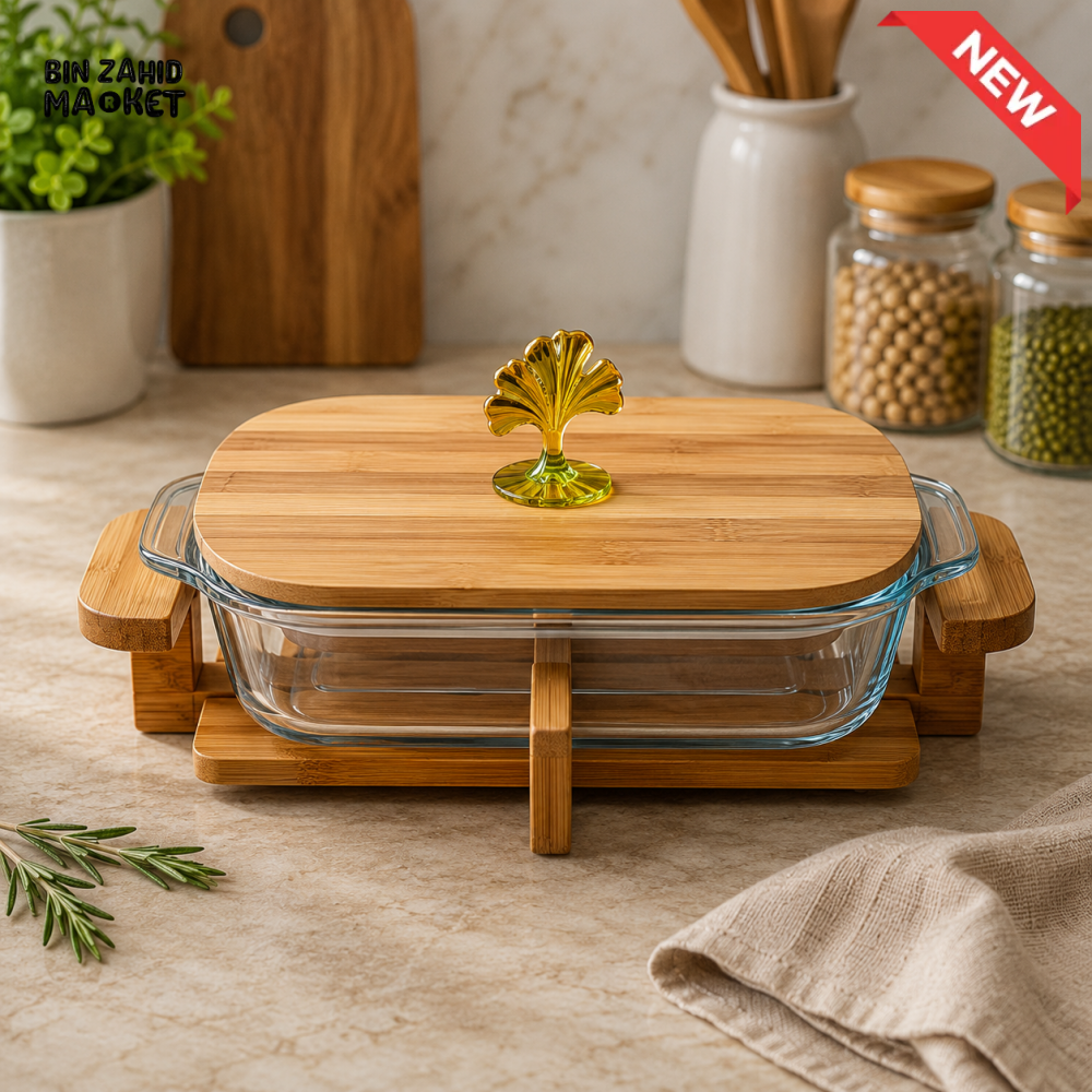 RECTANGULAR GLASS SERVING DISH WITH BAMBOO LID & STAND - MEDIUM