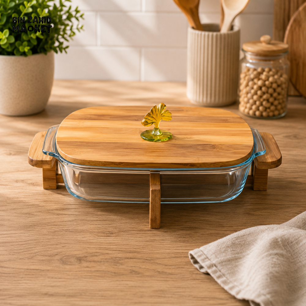 RECTANGULAR GLASS SERVING DISH WITH BAMBOO LID & STAND - SMALL