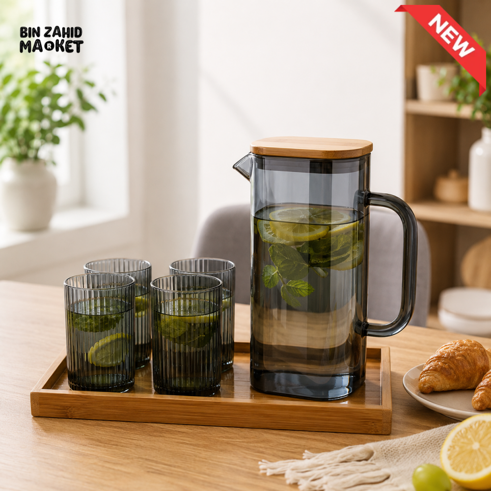 RECTANGULAR GLASS WATER PITCHER SET WITH 4 RIBBED GLASSES & BAMBOO TRAY - SMOKY GRAY