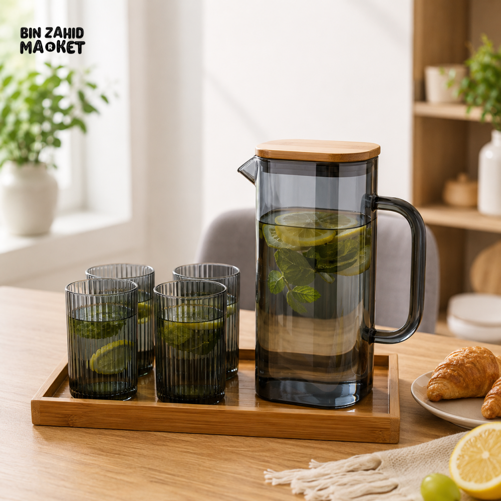 RECTANGULAR GLASS WATER PITCHER SET WITH 4 RIBBED GLASSES & BAMBOO TRAY - SMOKY GRAY