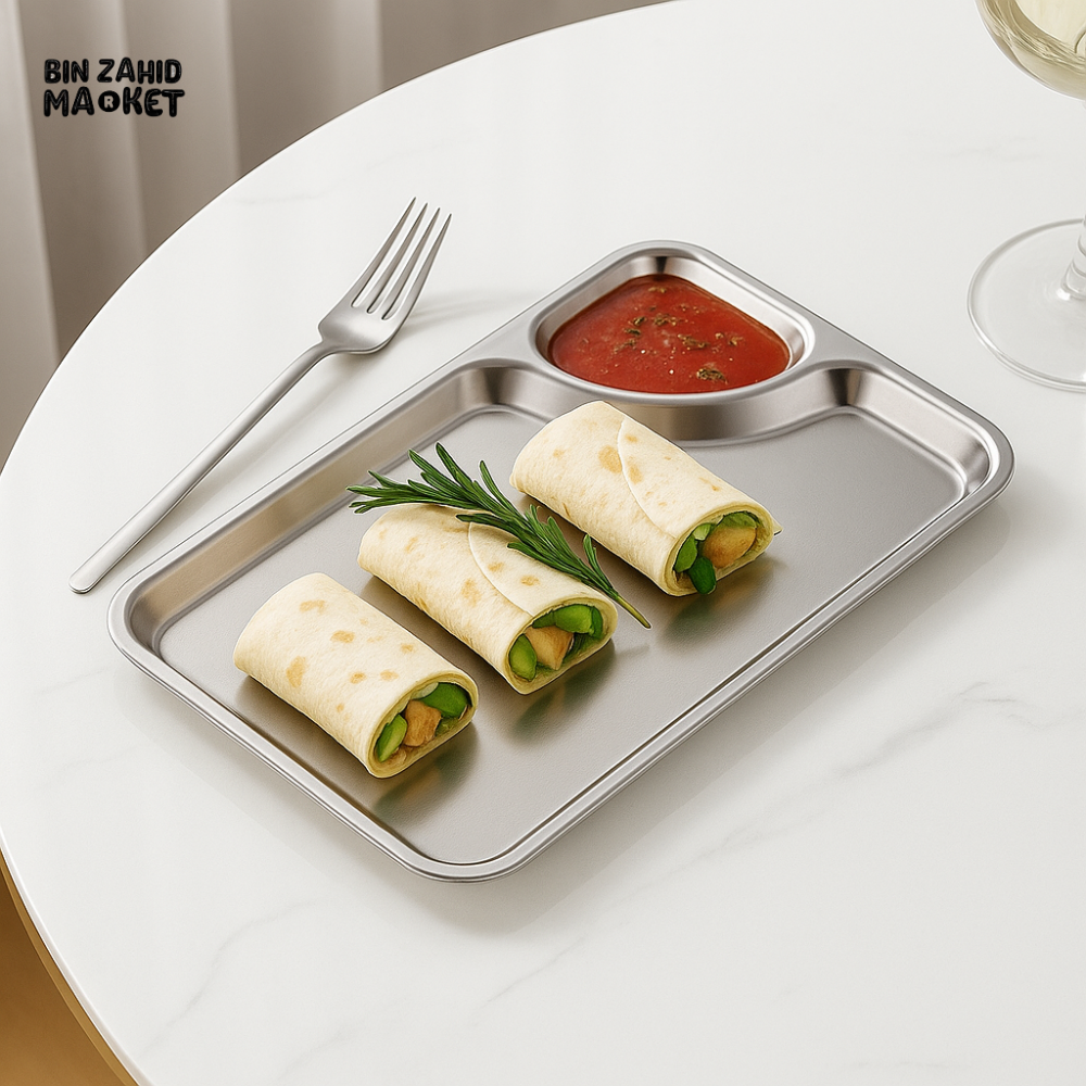 RECTANGULAR SNACK TRAY WITH SAUCE SECTION – LUXURY SERVING PLATE FOR WRAPS & DIPS - SILVER
